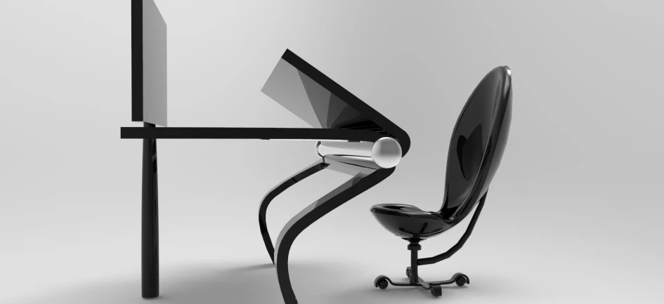 a desk with a computer monitor, a chair and a stand