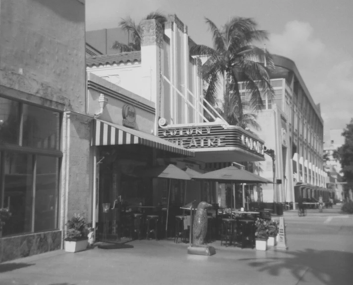 a city street with palm trees and buildings