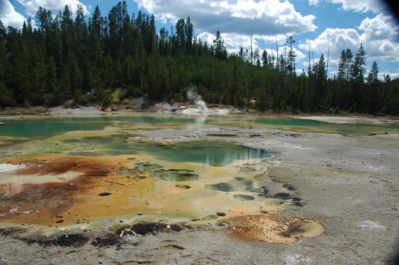 there is a lake with different colors on it