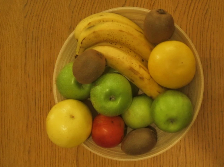 the bowl holds various fruits in it on the table