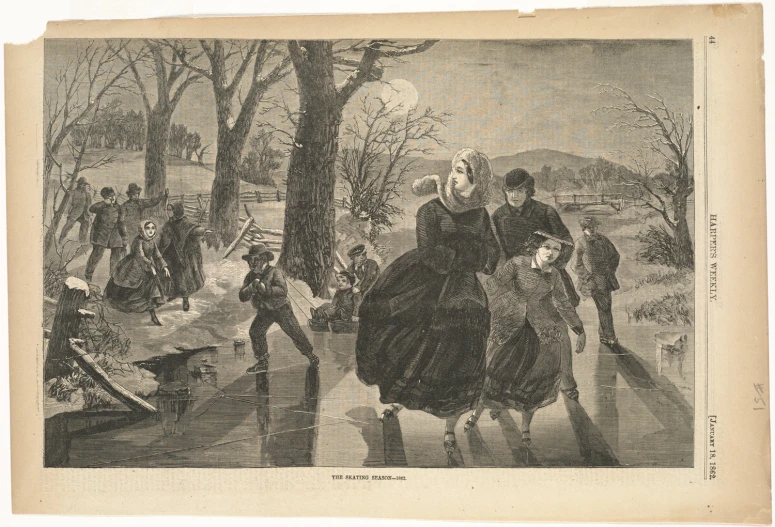 a drawing of people in winter clothing near trees