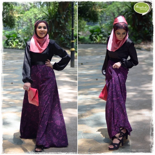 two images of a woman in purple dress wearing a hijab