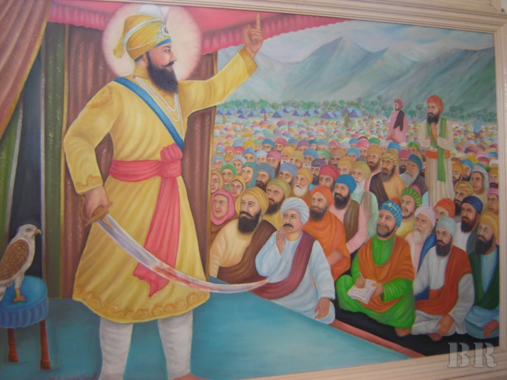 painting depicting a man addressing a crowd of people