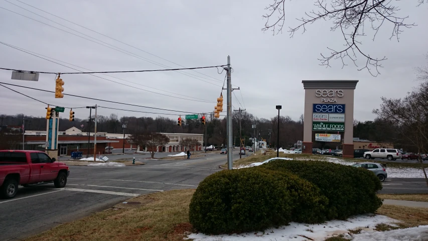 the small town has a store sign in the front