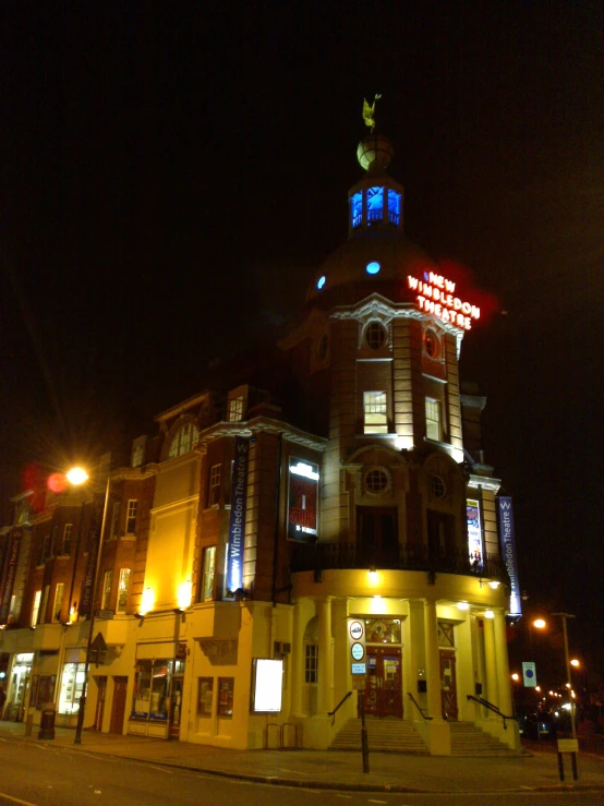 the view of a building lit up at night