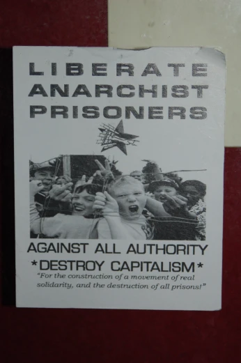 a sign with a large image on it stating a liry is anarchish prisoners