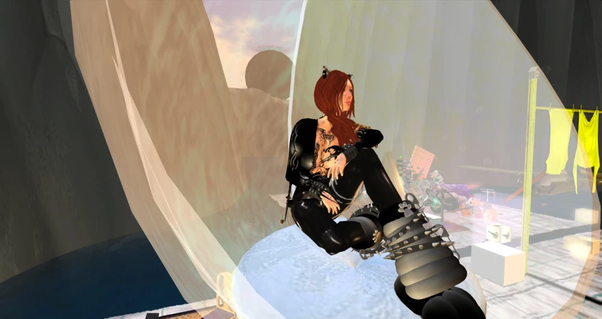 a virtual - animated woman leaning on a huge, metal structure