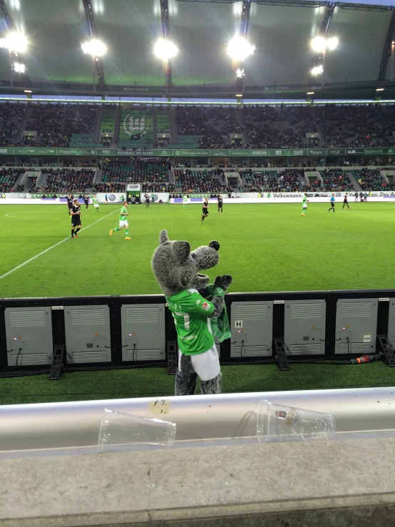 a stuffed animal holding onto an artificial bear on a soccer field