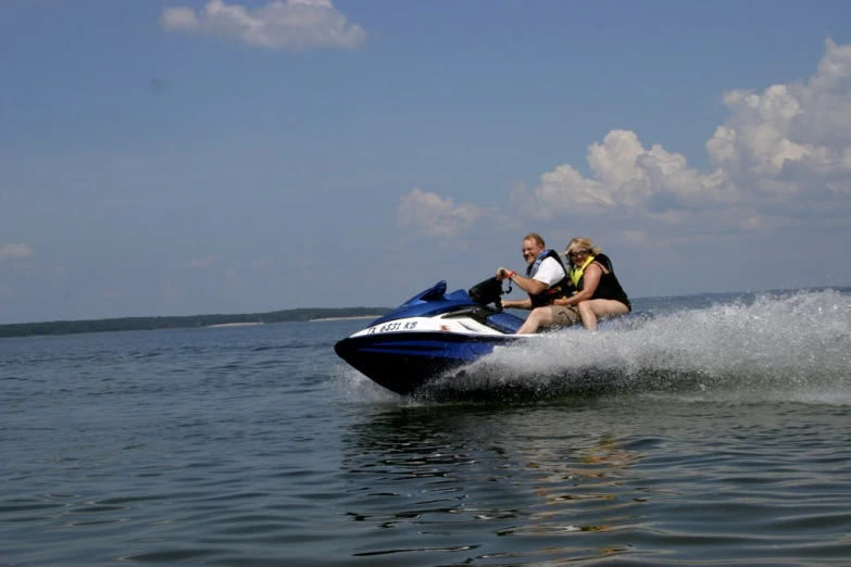 a man and a woman on a jet ski in the water