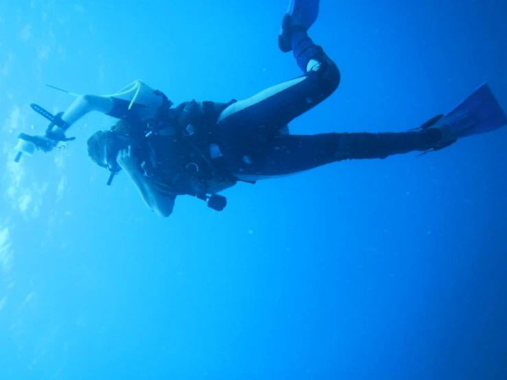 two scubaiers looking up in the blue water