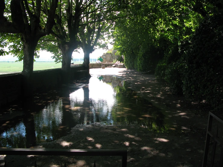 an alley with trees and a body of water between two buildings