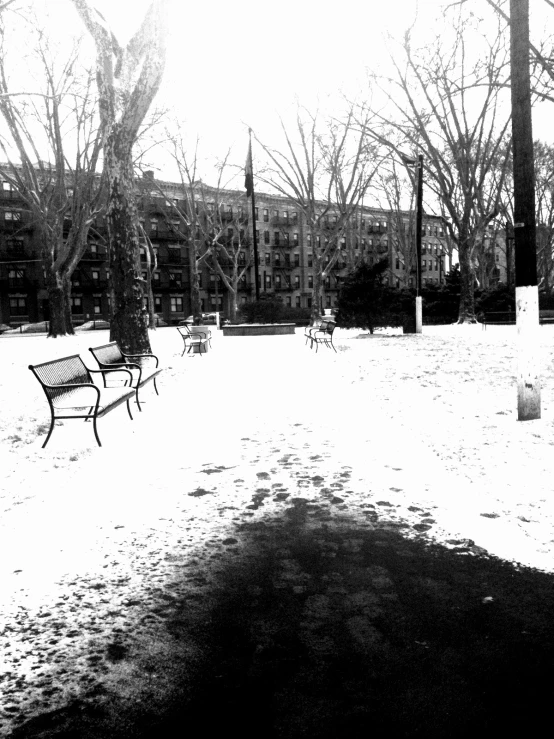 the snow covered ground in front of several park benches