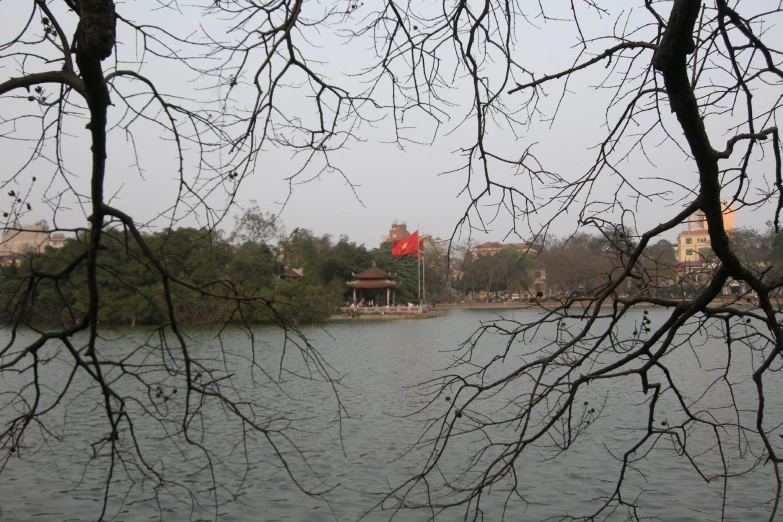 a small lake in a park is surrounded by trees