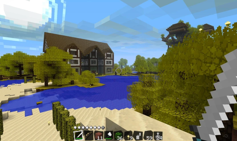 the view from across a lake in minecraft