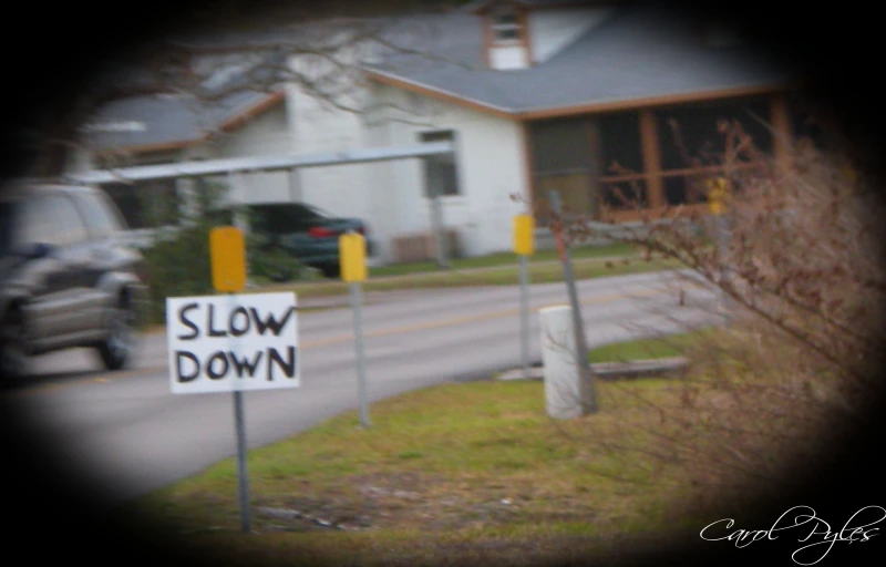 a sign saying slow down and no parking