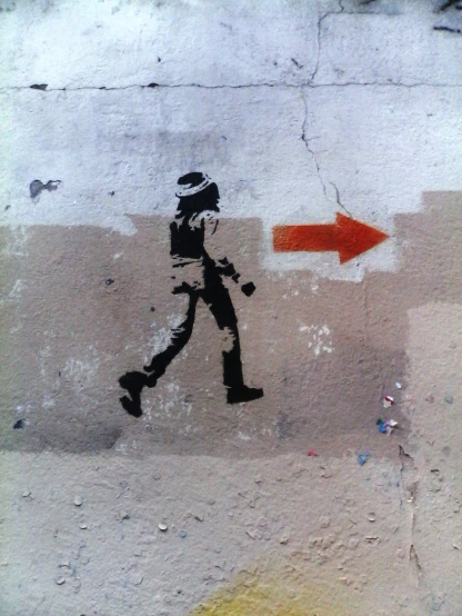 a painting of a pedestrian crossing a street with an arrow in the background