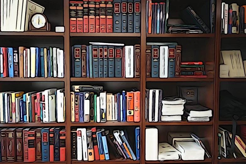 some books are stacked on shelves with different kinds of books