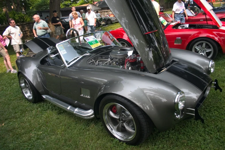 a silver sports car sits on grass near other classic cars