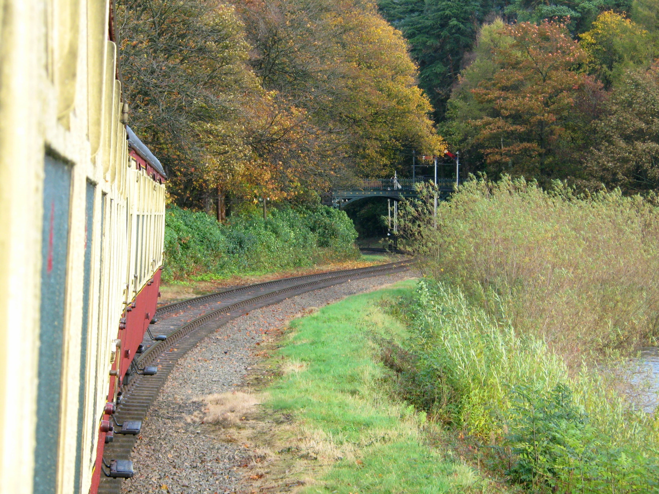 the train is traveling through the countryside