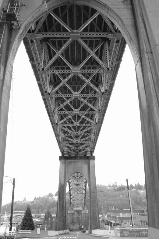 an old bridge is in black and white with a tree underneath it