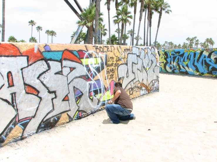 a young man kneeling down on the side of a wall with graffiti