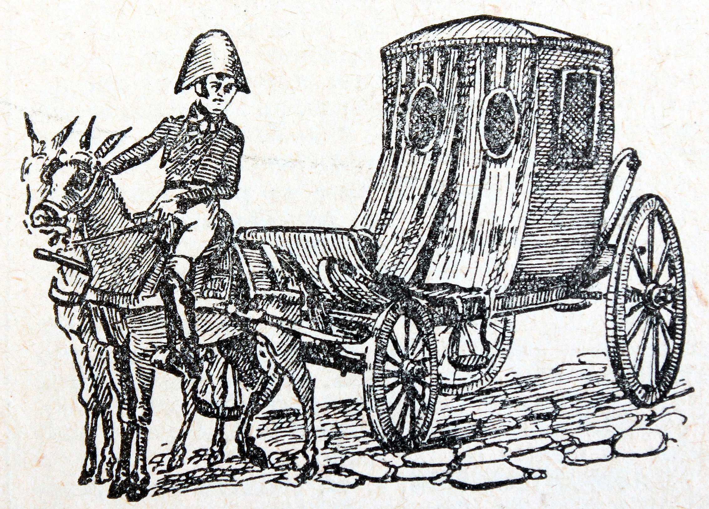 an engraving drawing of a horse drawn carriage