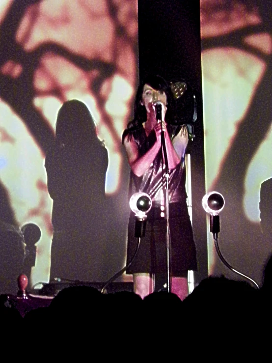 the woman is singing into the microphone in front of the shadows