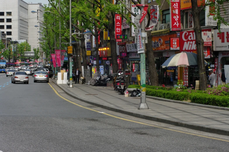 several asian businesses are on the side of a street