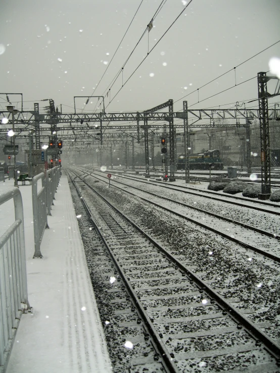 a snowy day with snow covered railroad tracks