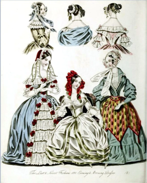 an illustration showing many victorian women's dresses in various colors