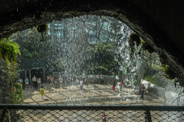 an outdoor shower that is falling into the water