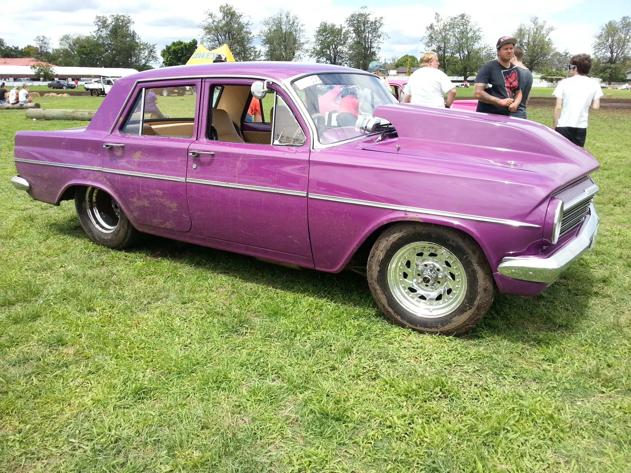 a purple car parked on top of grass covered ground