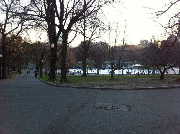 a large parking lot in a park with trees