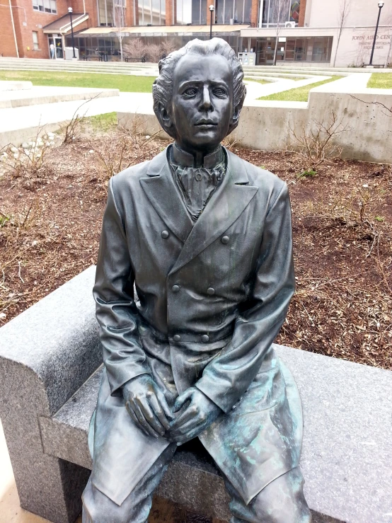 a statue of a seated man with a blazer