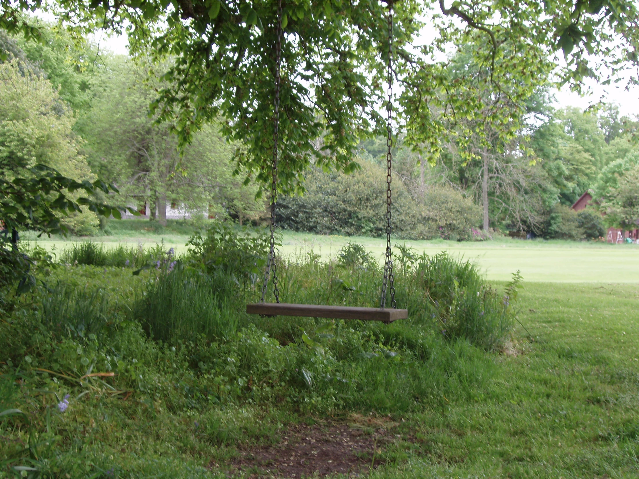 a small wooden bench in a green field