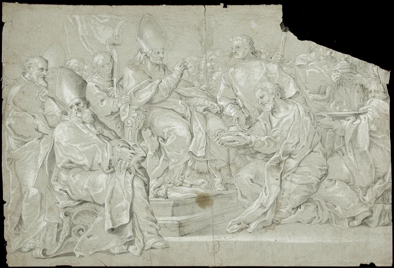 this drawing of the last supper depicts a man with a basket in the center of an area where men are seated