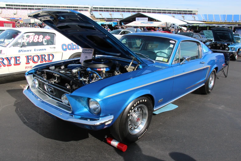 a mustang is parked in an organized parking lot