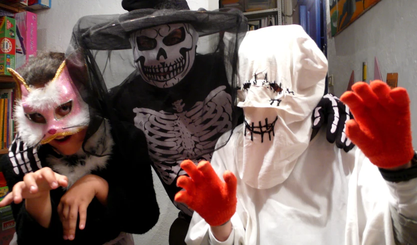 three people in costumes with different masks