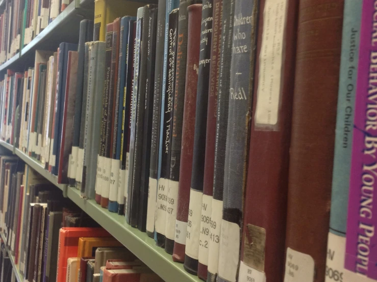 a row of books sitting on top of shelves filled with various books