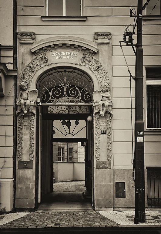 a tall building with an open front door