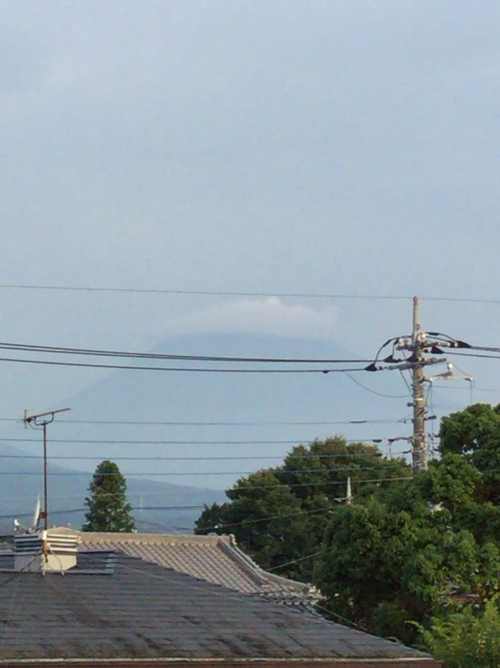 telephone poles near a building on top of a roof