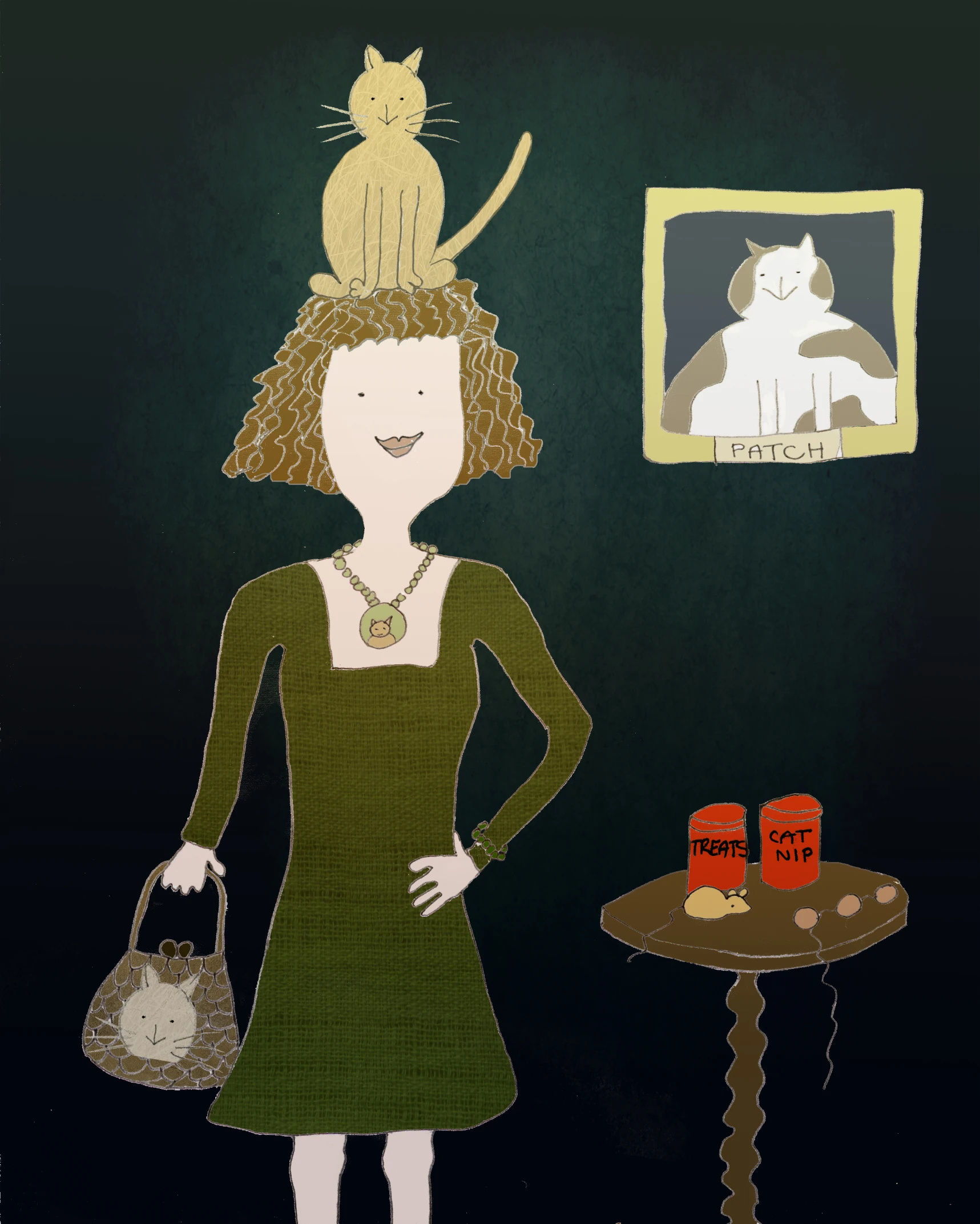 a drawing of a woman with a bag and cat sitting on top of her head