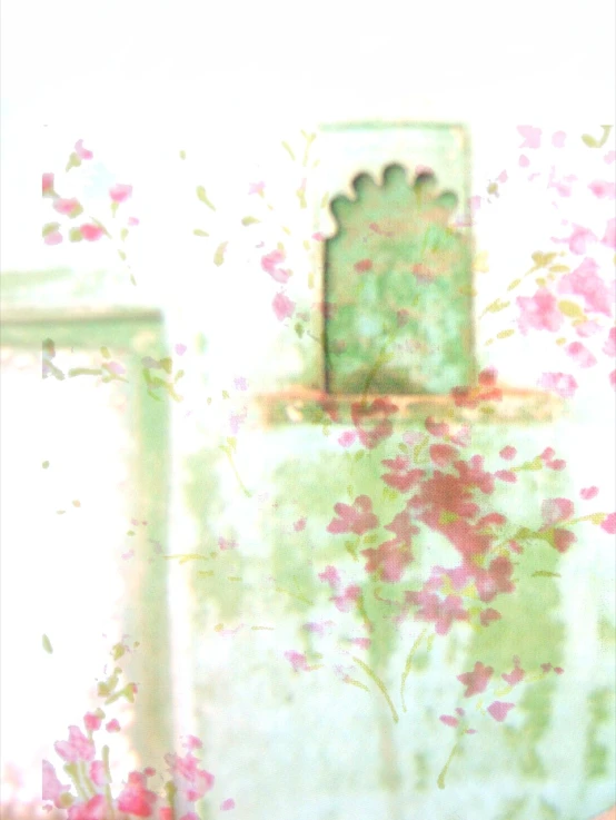 a blurry picture of a green mirror in front of flowers
