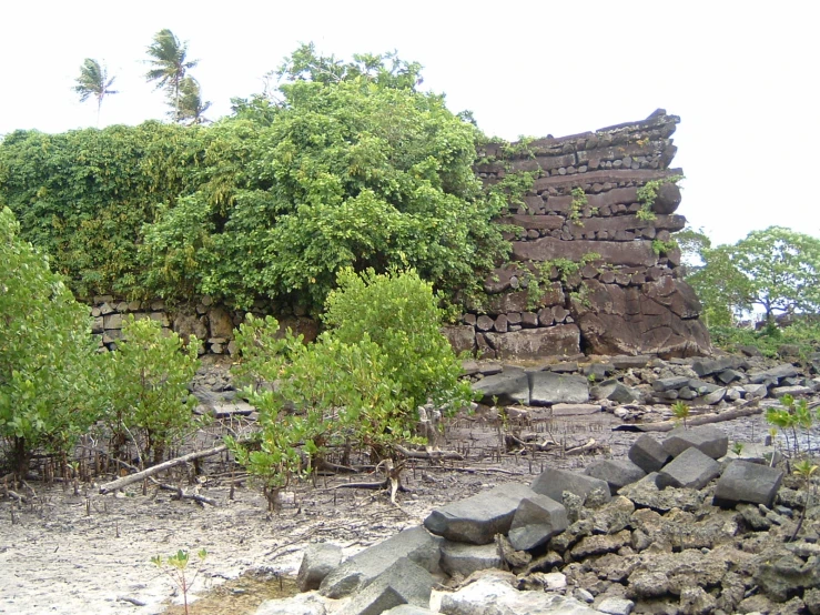 a brick building next to the trees on a beach