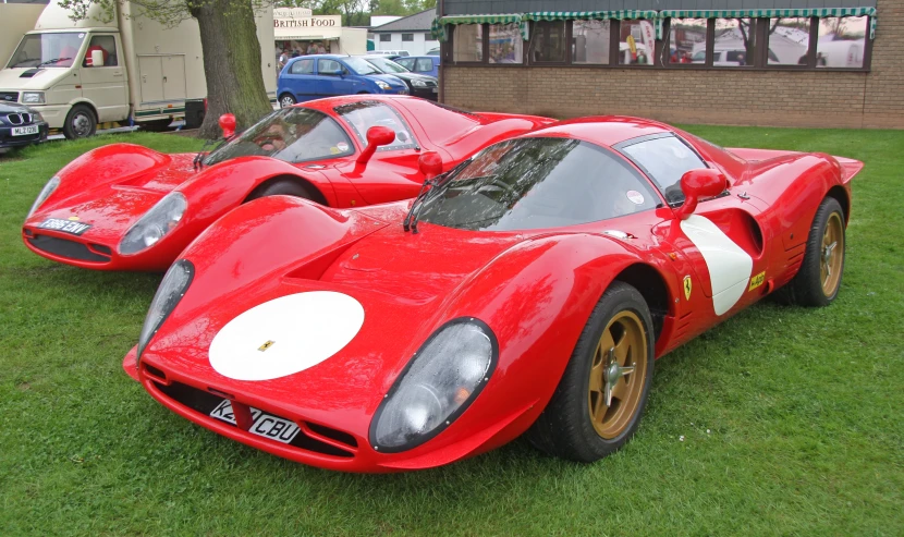 two race cars in grassy area next to tree