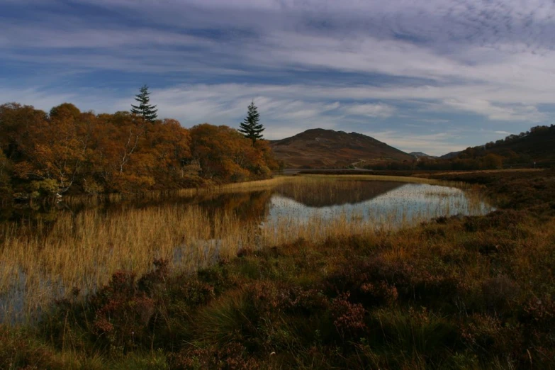 small pond with mountains in background and cloudy sky