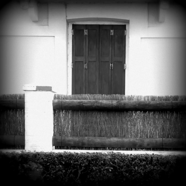 two doors with black and white background with grass around them
