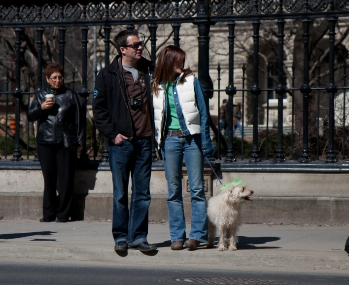 three people walking with a dog down the street