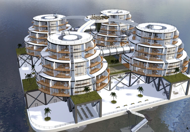 an architectural rendering of many towers near water