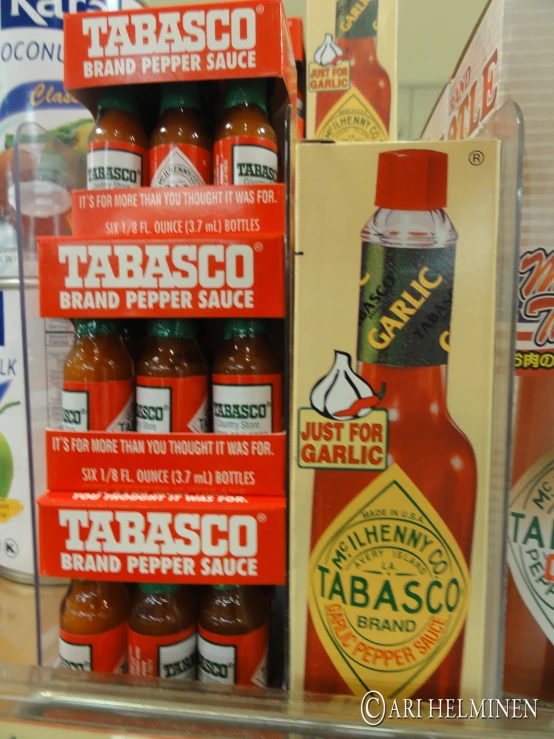 two stacks of tabasco bottles sit on display